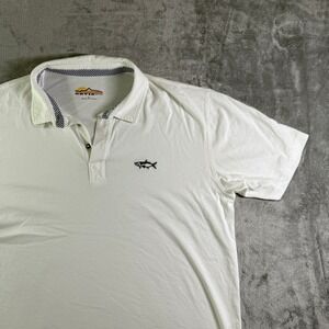 Orvis White Polo Shirt Mens Large Tarpon Fish Logo Striped Trim Casual (read)